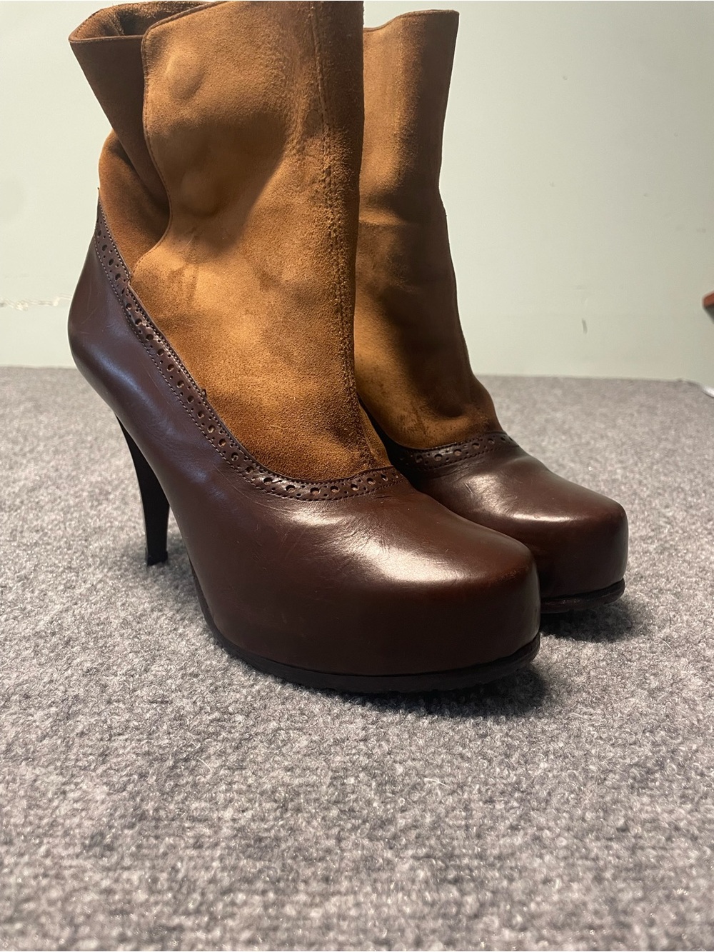 Two-Tone Brown Leather and Suede High-Heel Ankle Boots